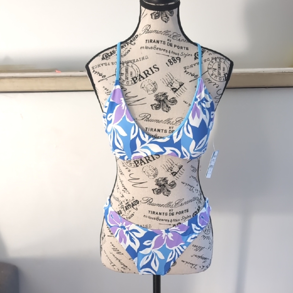 ROXY | Women's Blue/Purple/White Floral Tri Scoop Reversible Cheeky Bikini Set